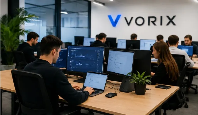 Equipo de VORIX trabajando en portátiles con paneles de control