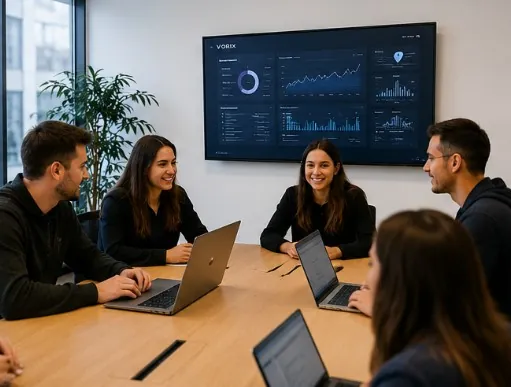 Reunión de equipo revisando el panel de VORIX en pantalla
